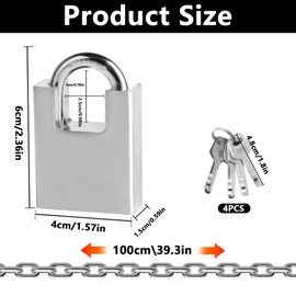 40 Inch Heavy-Duty Stainless Steel Safety Chain Lock,5mm x 1 Meter Chain and Lock,Sprocket Locks with Key,Bike Locks,High Security,Suitable for Motorcycles, Bicycles, Gates and Warehouses