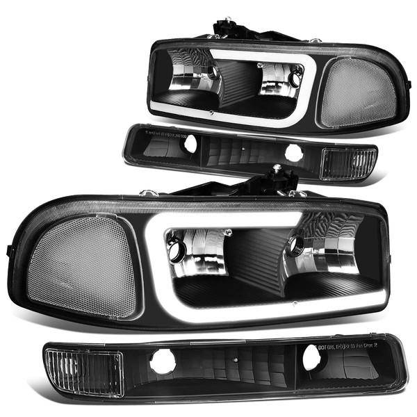 Auto Dynasty LED DRL Headlights with Bumper Lamps Compatible with GMC Sierra Yukon XL GMT800 99-07, Driver and Passenger Side, Black Housing Clear Corner