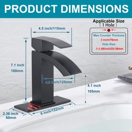 Jodulos Waterfall Bathroom Faucet for Sink, Matte Black Bathroom Faucet Single Hole with cUPC Supply Hose and Pop Up Stopper, Single Handle Vanity Faucet with 6 inch Deck Plate