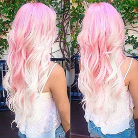 Curly Wig for Women 27.5 Inches Ombre Pink and White Colors Daily Use Voluminous Heat Resistant Synthetic Party Cosplay Wig