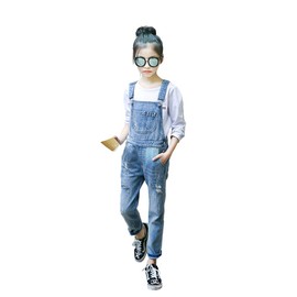 KIDSCOOL SPACE Girl Denim Overalls,Little Big Kid Ripped Jean Workwear,Light Blue,12-13 Years