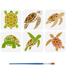 FINGERINSPIRE 6PCS Turtle Stencils with 1Pc Plastic Paint Brush 5.9x5.9inch 6 Styles Brazilian Turtle Stencils Animal Theme Template for Painting on Wall Wood Furniture DIY Home Decoration