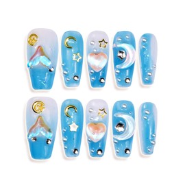 Nails Handmade Press-On Medium Long Coffin Mermaid Ocean Ice Moon Fish Tail Blue Nail Art Gradient Sparkling Star River Cute False Nail Tips 10 Pcs, Size M