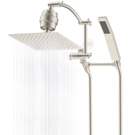 Hibbent Metal 10'' Filtered Rainfall Shower Head with Handheld Combo, High Pressure Shower Wand, 16'' Adjustable Arc Extension Arm, 20 Stage Shower Filter, 71'' Hose, 2 Shower Holders, Brushed Nickel