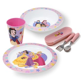damaloo Princess Children's Crockery Set Girls - Princess Plate, Bowl, Cup and Children's Cutlery - Pink Children's Tableware as Breakfast Set - Plastic Dinnerware Reusable & BPA Free