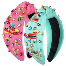 YAHPERN 2PCS Cinco De Mayo Headbands Fiesta Headband for Women Cactus Pinata Sombrero Knotted Headband Mexican Hair Accessory