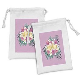 Ambesonne Aloha Fabric Pouch Set of 2, Hand Lettering with Hibiscus Lily Plumeria Flowers and Palm Leaves on Pink Backdrop, Small Drawstring Bag for Toiletries Masks and Favors, 9" x 6", Multicolor