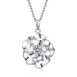 jiamiaoi 18K White Gold Plated Rose Necklace Silver Women's Pink Pendant 925 Sterling Silver Chain with 12 Months Birthstone 925 Silver Chain Women's Necklace with Pendant for Lovers, Cubic Zirconia