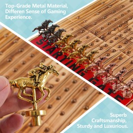 Wahartoly Large Luxury Thickened Wood Foldable Horse Race Board Game Finish LINE Game with 11 Metal Model Horses 2 Sets of Dice and 2 Boxes of Cards Horse Racing Board Game(Slight Burn Color)