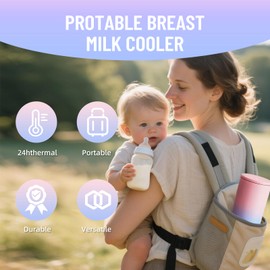 22oz Portable Breast Milk Cooler, 24-Hour Insulation for Outdoor, Travel, Work & Picnic, Includes 1 Milk Storage Bottle + 6 Breast Milk Storage Bags, (Pink-Blue Gradient)