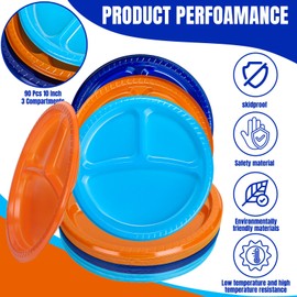 FYSUIMU 90Pcs 10 Inch 3 Compartment Divided Plates Plastic Disposable Party Dinner Plates for Holiday Dog Themed Birthday Party (Blue and Orange)