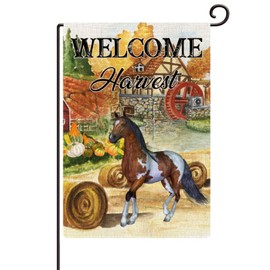 Welcome Fall Harvest Horse Garden Flag Welcome Hello Fall Outdoor Flags 12x18in Double Sided Burlap Vivid Color Outdoor Holiday Decoration Farmhouse Flag For Yard Lawn Home