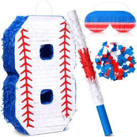 HyDren Baseball Piñata with Blindfold Bat Confetti 16 Inch Baseball Number Piñata Sports Theme Party Decoration Supplies for 1st 2nd 8th Birthday Softball Party Decor(Number 8)