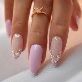 RUNRAYAY 24 Pcs Purple Press on Nails Medium, Almond Fake Nails with Flower Design, Ombre Stick on Nails False Nails for Women