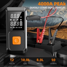 Portable Car Battery Jump Starter with Air Compressor, 4000A 12V Car Battery Jumper with 150PSI Tire Inflator, Car Battery Pack Jump Box Tire Pump with LCD Display, Light (10.0L Gas/8.0L Diesel)
