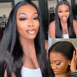 Nadula Yaki Straight Bye Bye Knots Glueless Wig Kinky Edge Hairline 7x5 Pre Cut Lace Front Wigs Human Hair Pre Plucked Pre Bleached 3S Ready to Go Pre Everything Glueless Wig 150% Density 18inch