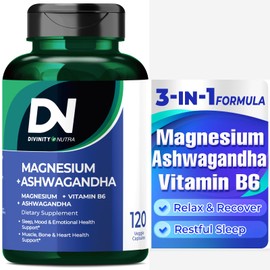 Divinity Nutra Magnesium Ashwagandha Supplement, Calming Magnesium Glycinate & Malate Vitamin B6 for Muscles Bone Health Support Muscle Recovery, Calm & Relaxation 468mg 120 ct (2 Month Supply)