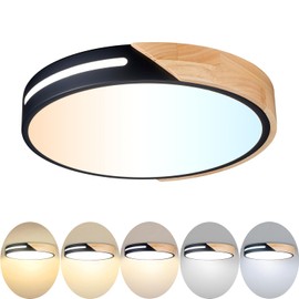 Wheatronic Black and Wood Flush Mount Ceiling Light Fixture 12 inch, Dimmable LED Ceiling Light Black, Modern Light Fixture Ceiling Mount for Bedroom, Living Room, Kitchen, Bathroom, Hallway