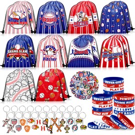 Grneric 110 Pcs Baseball Party Favors, Drawstring Bags Baseball Goodie Bags with Keychains Silicone Bracelets Stickers Gift Bags for Baseball Themed Birthday Party Favors Supplies