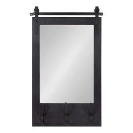 Kate and Laurel Cates Rustic Wall Mirror with Hooks, 18 x 28, Black, Farmhouse Wall Decor with Function