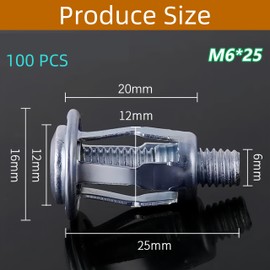 Pack of 100 Cavity Dowels Metal M6, Rigypsum Dowels, Hollow Wall Dowels, Metal Dowels, Expansion Nuts, Expansion Dowels for Hollow Door Fixings and Mounting Dowels for Sheet Metal