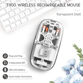 MAGIC-REFINER HXSJ Kabellose Maus Bluetooth, 2,4GHz+Bluetooth 5.0 Funkmaus Wiederaufladbare Leise Ultra Slim 2400DPI, Gaming Maus Transparente, Akkuladestand Sichtbar, für Laptop/PC/Mac/Tablet, Weiss
