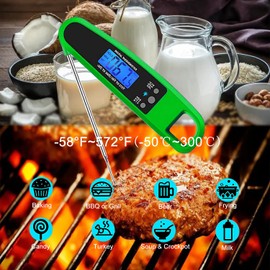 LIKEPAI Instant Read Meat Thermometer for Kitchen Cooking, Ultra Fast Precise Waterproof Digital Food Thermometer with Backlight, Magnet and Foldable Probe for Deep Fry, Outdoor BBQ, Grill(Green)