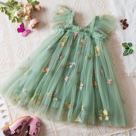 NNJXD Baby Girl Flower Embroidery Tulle Dress Butterfly Toddler Birthday Party Dresses 2109 Green Size(110) 3-4 Years