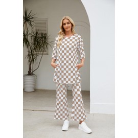 Women 2 Piece Outfits Ribbed Casual Checkered Boxy Sleeve Top and Wide Leg Pants Matching Lounge Set Khaki L