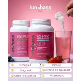 Pack 2 - Colágeno Hidrolizado Lumihass Sabor Arándano Y Fresa 1.2 Kg + Détox de Regalo - 48 Porciones - Con Omega 3 + Aguacate + Magnesio + Acido Hial