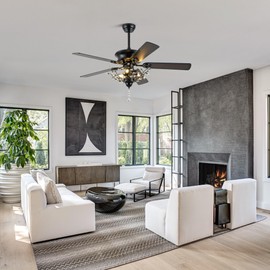 Bella Depot 52" Crystal Chandelier Ceiling Fan with Light Vintage Dual-Sided Blades Fandelier Fan for Living Room Dining Room Bedroom (Black-2014)