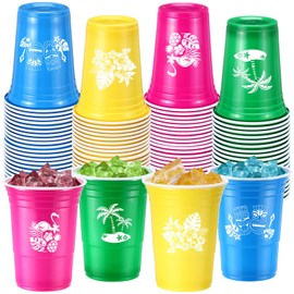 Domensi 48 Pcs Hawaiian Luau Party Plastic Cups 16 oz Summer Beach Tropical Plastic Disposable Cup Hot Cold Drink Wine Coffee for Birthday Tiki Bar Party Favors Supplies