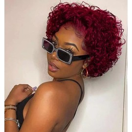 99J# Short Curly Lace Wigs Human Hair Pixie Cut Wig for Black Women 13x1 HD Transparent Pixie Cut Curly Lace Front Wigs Human Hair 150% Density Pre Plucked Glueless Pixie Cut Human Hair Wigs Burgundy