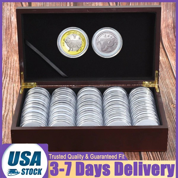 Unbranded 50Pc 46MM Coins Capsules Storage Box Case w/ Wooden