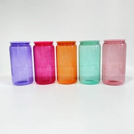25/50pcs  16oz High Borosilicate Colored Jelly Sublimation Beer Soad Glass Can Tumbler With Plastic Lidscolor: 50pcs/(mix colors), capacity: 16OZ