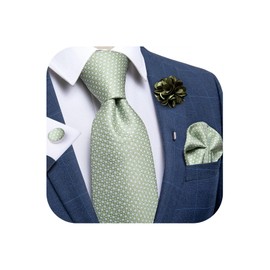DiBanGu Silk Stripe plaid Tie for Men Sage Green Tie set and Lapel Pin Brooch Woven Handkerchief Cufflinks Wedding Formal Business