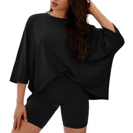 ZANZEA Batwing Tops for Women Oversized T Shirts Casual Loose Dolman Blouse Tops Asymmetric Tee Shirts Black Round Neck Large