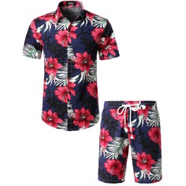 Jogal Men's Floral, Short-sleeves Cotton Hawaiian Shirt and Shorts Set (De-a334tz_bluecockscomb_s) - navy Floral, size: s