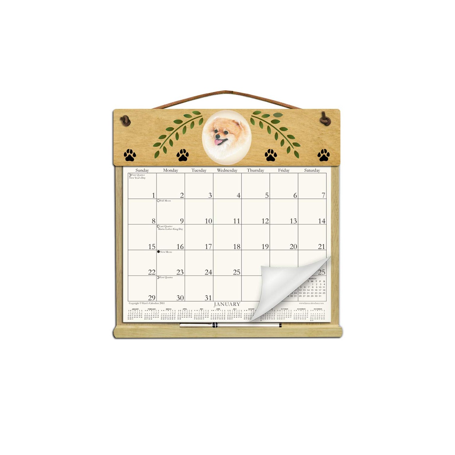 Wooden Refillable Pomeranian Calendar Holder Filled with a 2025