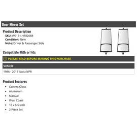 Marketplace Auto Parts Aluminum Manual Door Mirror - Set Of 2 - Convex Glass - 16 X 6.5 Inch - Compatible With 1986-2017 Isuzu Npr