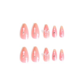SINHOT Medium Almond Press on Nails Stiletto Pink Gradient Fake Nails Glossy Glue on Nails 3D Butterfly Acrylic Nails Rhinestone False Nails with Designs 24 pcs