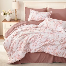 Andency Floral Comforter Set Queen Size, 7 Pieces Pink Flower Lightweight Bedding Set for All Seasons, Soft Vintage Bed in a Bag with Comforter, Sheets, Pillowcases & Shams