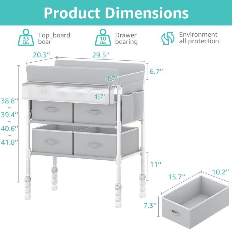 BOLUO Baby Changing Table with 4 Drawers, Waterproof Diaper Changing