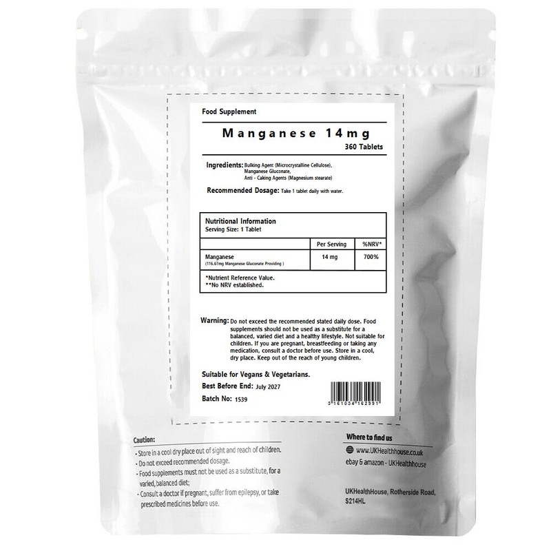 UKHealthHouse Manganese 14mg Tablets - High Strength Joints & Bones