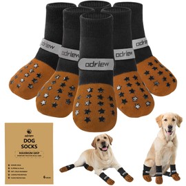 Odriew 6 PCS Dog Socks to Prevent Licking Paws, Double-Sided Non-Slip Dog Socks for Hardwood Floors Anti Slip Paw Protector with Elastic Reflective Straps for Medium, Large, Senior Dogs. (Khaki, L)