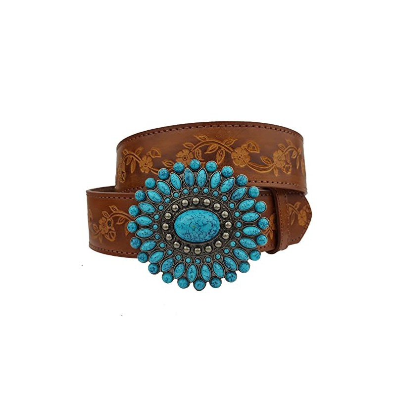 Trending Turquoise Buckle w. tooled Floral Belt Tan L