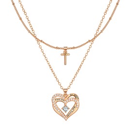 Lydreewam Rose Gold Layered Heart Necklaces for Women, Dainty Layering Heart Initial Letter T Necklaces with Cubic Zirconia, Adjustable Chain Necklaces Jewelry Gift