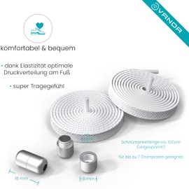 VANOA Elastic shoelaces - Flat - No Tie - With Metal Capsules in Matt - Shoehorn - White -