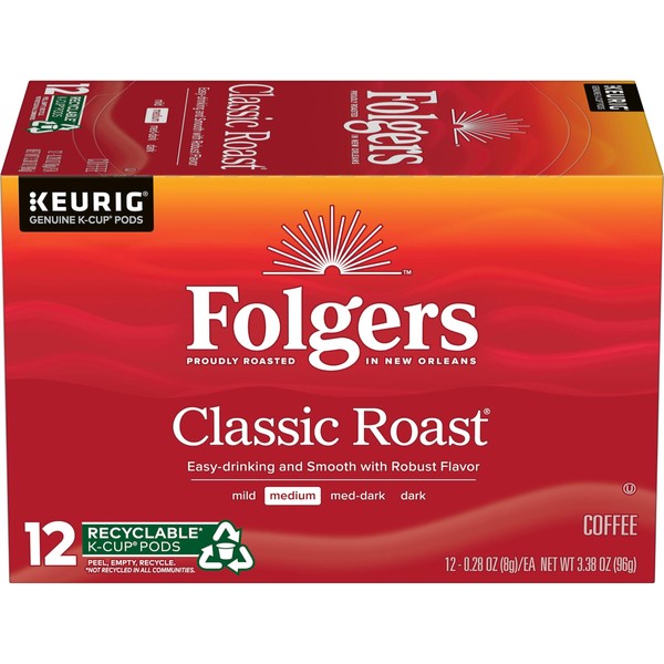Folgers Classic Roast Medium Roast Coffee, 72 Keurig K-Cup Pods 12 Count (Pack of 6)