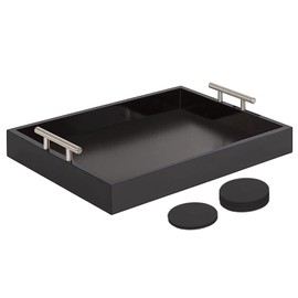 Juleduo Serving Tray 16.5“X 13“Deluxe Wooden Ottoman Tray for Coffee Table with Polished Silver Metal Handles and 4 Coasters, Living Room Bathroom Coffee Bar Organizer Modern Decorative Black Tray